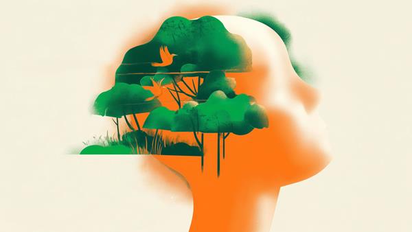 testa stilizzata e alberi al posto del cervello