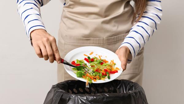 persona butta cibo dal piatto alla pattumiera